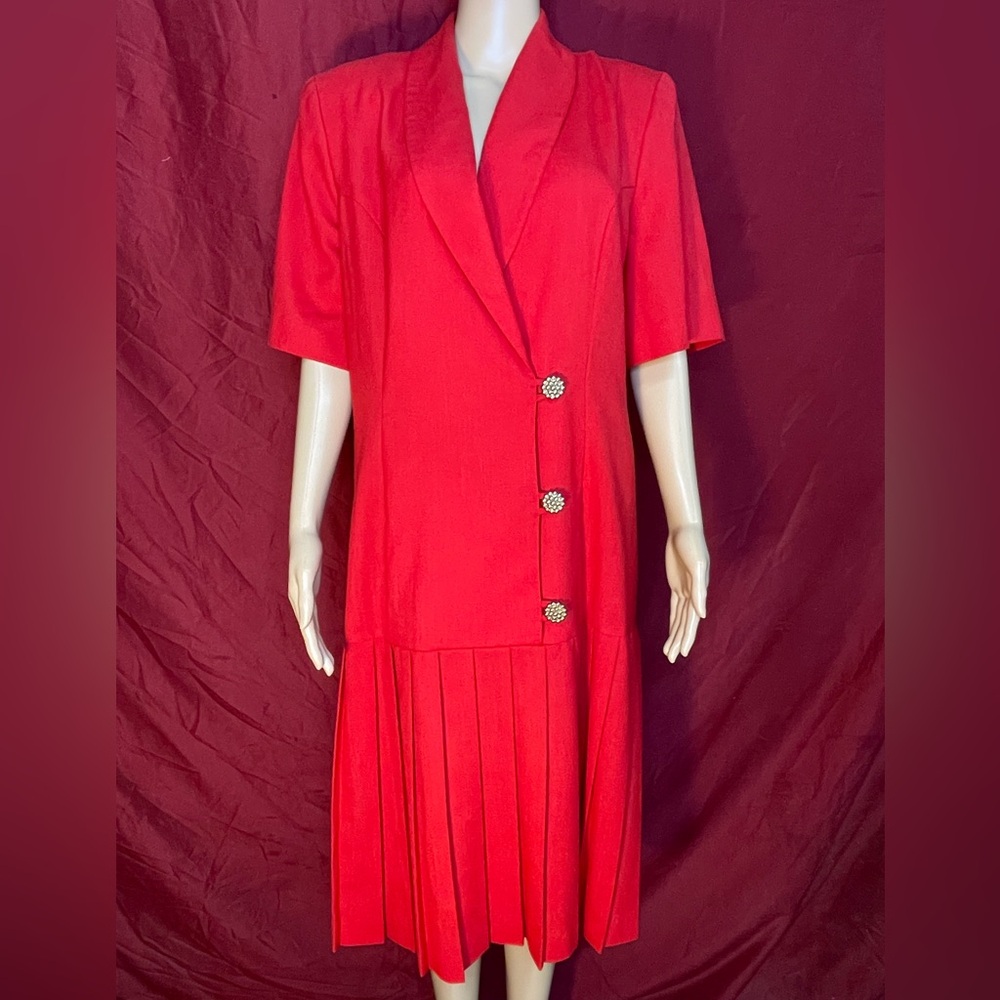 Vintage Drop Waist Button Front Pleated Secretary 80's Tootsie 9 to 5 Dress XL